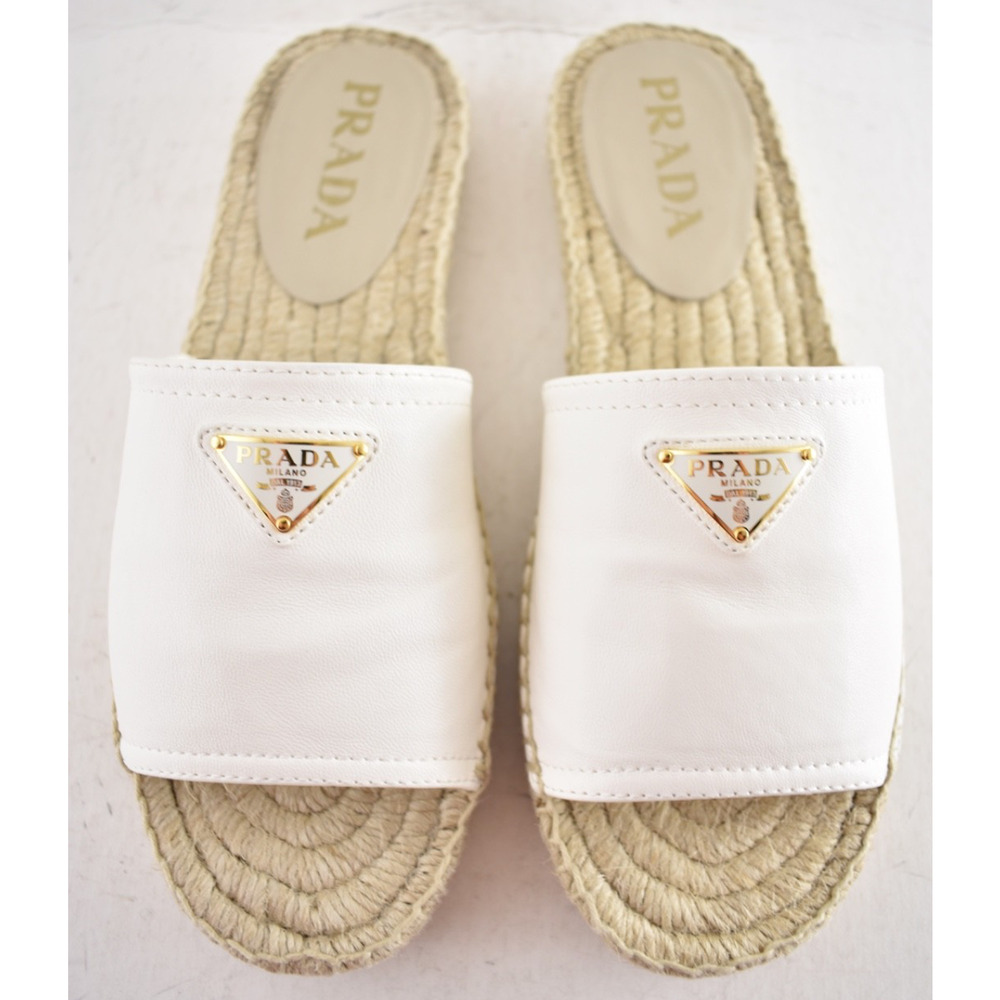 Prada Gold Triangle Logo Avorio White Leather Espadrille Slide Sandal Flat 37 - Picture 3 of 16